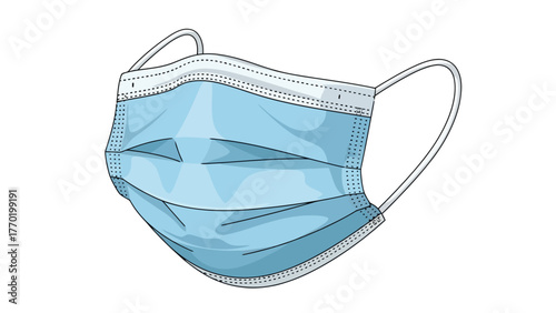A light blue disposable face mask with white ear loops