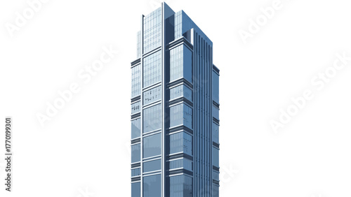 A minimalist pixelated depiction of a tall glass skyscraper