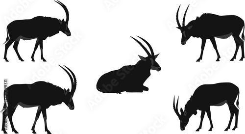 Silhouette sable antelopes, wildlife illustration, African animals, grazing herd, standing and resting poses, exotic fauna, nature design, safari art, horns