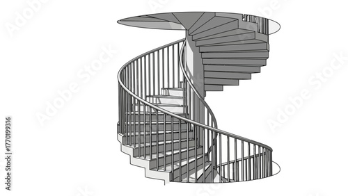A monochrome illustration of a spiral staircase with railings