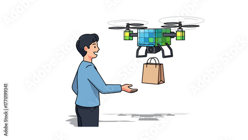 A person receives a package from a delivery drone