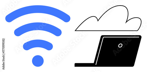 Blue wireless signal next to a black laptop with a cloud outline. Ideal for technology, connectivity, cloud storage, online collaboration, remote work, internet, simple flat metaphor