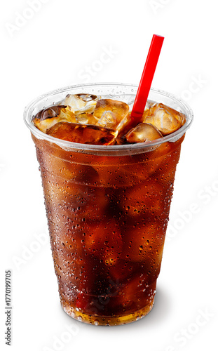 Iced cola in misted disposable plastic cup with straw isolated on white background