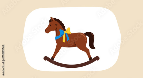 Brown rocking horse with a blue and yellow ribbon on its mane