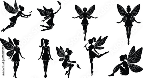 Fairy silhouette vector collection magical creatures design set art