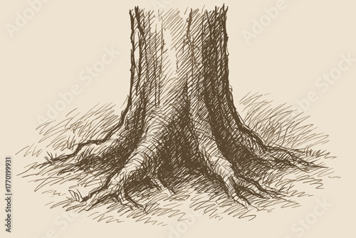 Tree jagged vector sketch contour crosshatching suggesting texture illustration depth trunk strokes