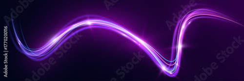 Neon glowing curved light lines wave on dark background, futuristic energy flow effect, abstract purple blue gradient motion trail design.