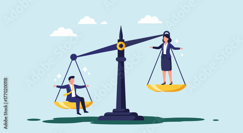 Gender Equality Symbol Business People on Scales, Illustration for Fairness and Equity in Workplace