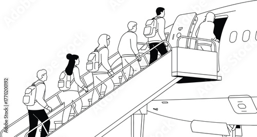 Boarding plane passengers travel tourism airplane flight journey trip
