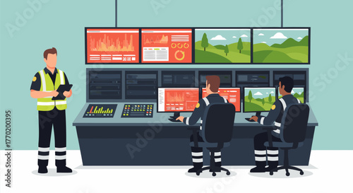 Team of Specialists Monitoring Data and Information in a Control Room, Ensuring Operational Efficiency
