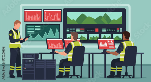Control room professionals monitoring critical systems and data analytics on multiple screens, ensuring secure operational management and infrastructure oversight