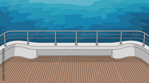 A view from a boat deck with a wooden floor and a metal railing overlooking the blue ocean water surface
