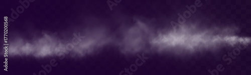 White smoke or fog effect on dark transparent background, realistic mist cloud texture, steam haze overlay for design and atmosphere.