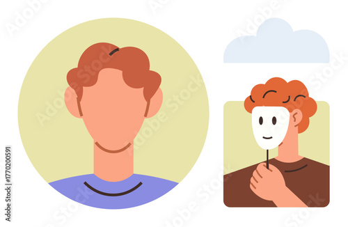 Person with a neutral facial expression holding a mask to cover true emotions or identity. Ideal for themes thumbs up psychology, self-awareness, identity, deception, honesty, introspection, simple