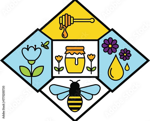 Honey bee products natural organic honeycomb honey jar illustration