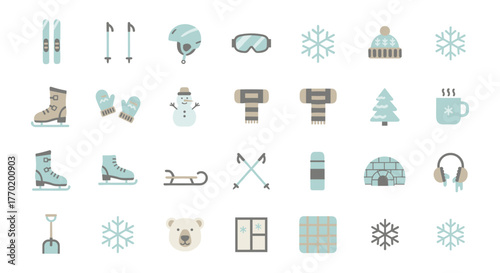 Winter sports and holiday icons set in flat style with snowflakes and cozy accessories