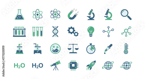 Science and chemistry icons in flat design featuring lab equipment and scientific symbols