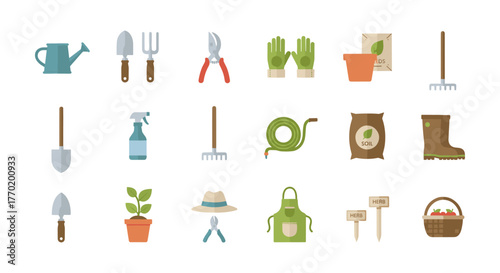 Essential gardening tools and accessories in a flat design