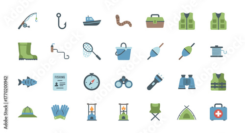 Fishing gear and essentials: flat icons for outdoor adventure enthusiasts
