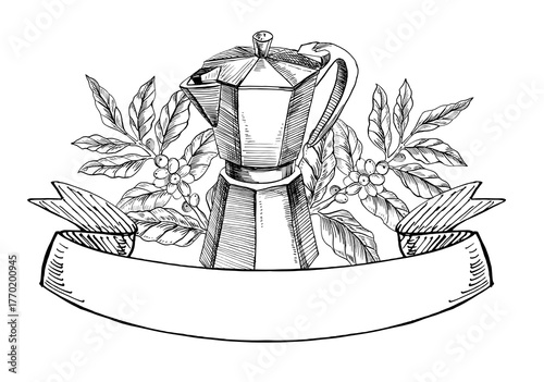 A geyser coffee maker with a coffee tree branch and a sign. Realistic coffee-themed vector illustration for menu design, coffee shop interiors, signs, interior paintings, and poster printing.