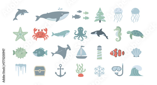 Colorful marine life icons set featuring sea animals and nautical elements