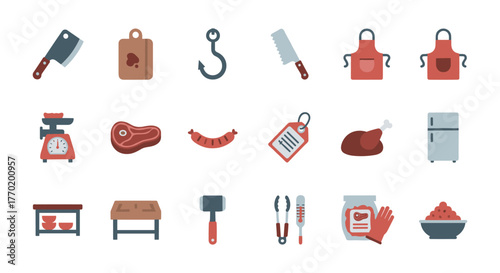 Butchery essentials: meat processing tools and equipment icons