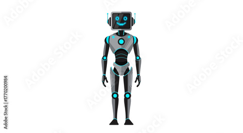 Smiling Robot in Cartoon Style with Blue Accents, Technological Design on White Background