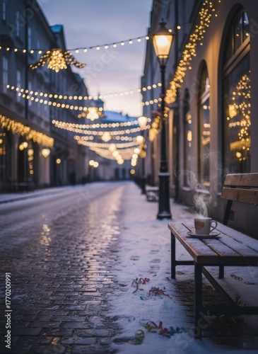 Winter city street with festive lights and coffee cup on bench