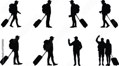 Traveler silhouettes, people with luggage, walking passengers, tourist journey concept, airport traveler vector, travel lifestyle illustration