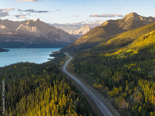Aerial view of Abraham Lake and Icefields Parkway near Banff and Jasper