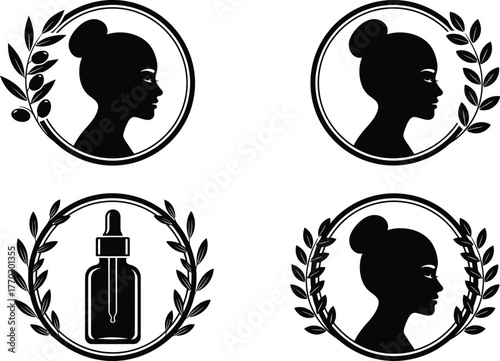 Beauty logo collection for skincare brand with woman and serum bottle