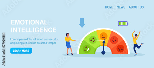 Employee pulls mood gauge meter toward the green as energy rises. Overcoming stress and anxiety. Stop emotional problems. Customer rating satisfaction,  feedback positive review. Positive thinking