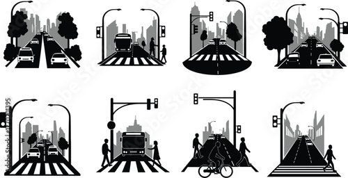 Urban city street silhouette, cars and pedestrians crossing, modern traffic light scene, public transport and bicycle, cityscape background illustration