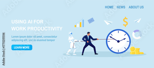 Leader and robot pull rope with large clock to win back hours, unlock revenue. Human skill pairs with AI to accelerate results. Artificial Intelligence partnership and time and productivity control