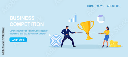 Two colleagues pull a huge trophy toward their side. Business rivalry and ambition. Goal focus and reward pursuit across sales. Teams competing for prize. Conflict of interests of businessmen