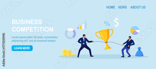 Two colleagues pull a huge trophy toward their side. Business rivalry and ambition. Goal focus and reward pursuit across sales. Teams competing for prize. Conflict of interests of businessmen