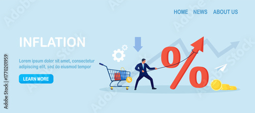 Businessman pulls a rope to raise a giant percent sign. Rising costs. Unbridled Inflation. Revenue drive and interest rate change for business finance retail and sales. Financial crisis