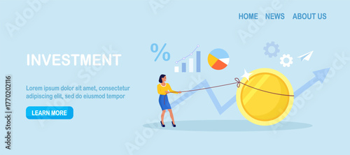 Business leader pulls a giant coin as metrics climb. Effort and profit drive, revenue growth and cash flow control. Budgeting and investment concept. Financial success or strategy planning