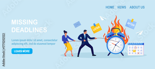 Two colleagues pull rope to hold back burning alarm clock as deadline nears. Urgency, race against time. Procrastination in office projects, schedule control. Time management, planning for efficiency