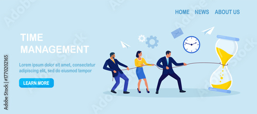 Team pulls rope tied to hourglass to push back looming deadline. Urgency and race against time. Project pressure in office work and productivity. Time management, business planning for efficiency