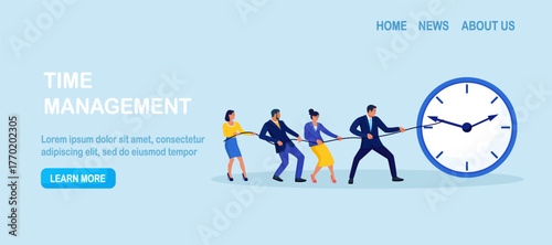 Team pulls a rope tied to clock to beat deadline. Urgency, pressure and race against time in business projects. Time management, planning for efficiency. People struggle to reverse direction of arrows