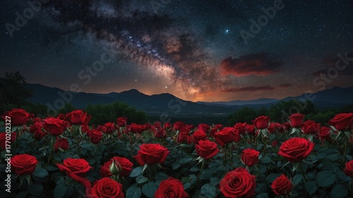 Fototapeta Naklejka Na Ścianę i Meble -  Stunning red rose field beneath milky way galaxy and starry night sky with mountain silhouette and glowing horizon