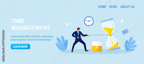 Businessman pulls a rope tied to a giant hourglass as sand runs out. Deadline pressure, urgency and race against time. Time management, business planning for efficiency