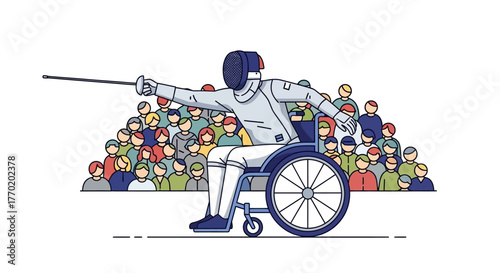 Illustration of a disabled athlete competing in wheelchair fencing at a paralympic sporting event with a crowd of spectators