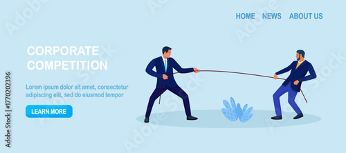 Two professionals pull a rope from opposite sides as tension builds. Rivalry, negotiation and power balance in business. Conflict management. Characters fighting for leadership, arguing, wrestling