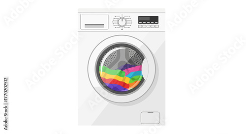 Washing machine with colorful laundry inside A modern household appliance illustration