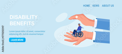 Protective hands shield a man in wheelchair. Inclusion safety and support for people with disability. Healthcare insurance social care and accessibility