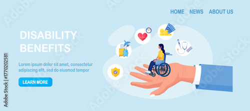 Helping hand supports woman in a wheelchair as icons show travel health, money and care. Safety inclusion and insurance coverage for people with disabilities. Social care and accessibility