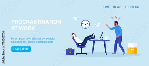 Lazy employee relaxes at the desk while angry boss points at clock. Procrastination or project deadline, low productivity and missed deadlines. Efficiency in work. Postpone tasks to do later