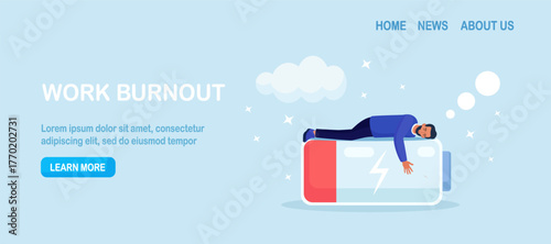 Businessman with low energy asleep on drained battery. Tired overworked person need for rest and recharge for wellness and sleep health content. Work efficiency and professional burnout